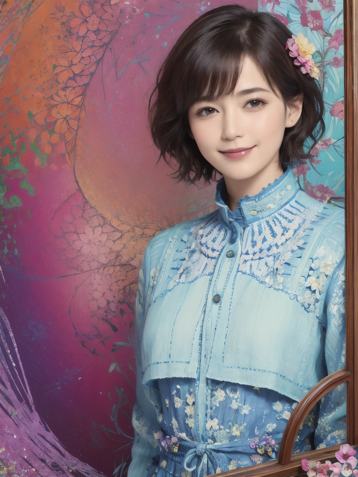 271 (20-year-old woman,short hair), (masterpiece, Highest quality, beautiful:1.2), Very detailed, (Fractal Art:1.1), (colorful:1.1), (flower:1.3), whole body, (Abstract background:1.3), (Many colors:1.4), (Old-fashioned smile), (window)