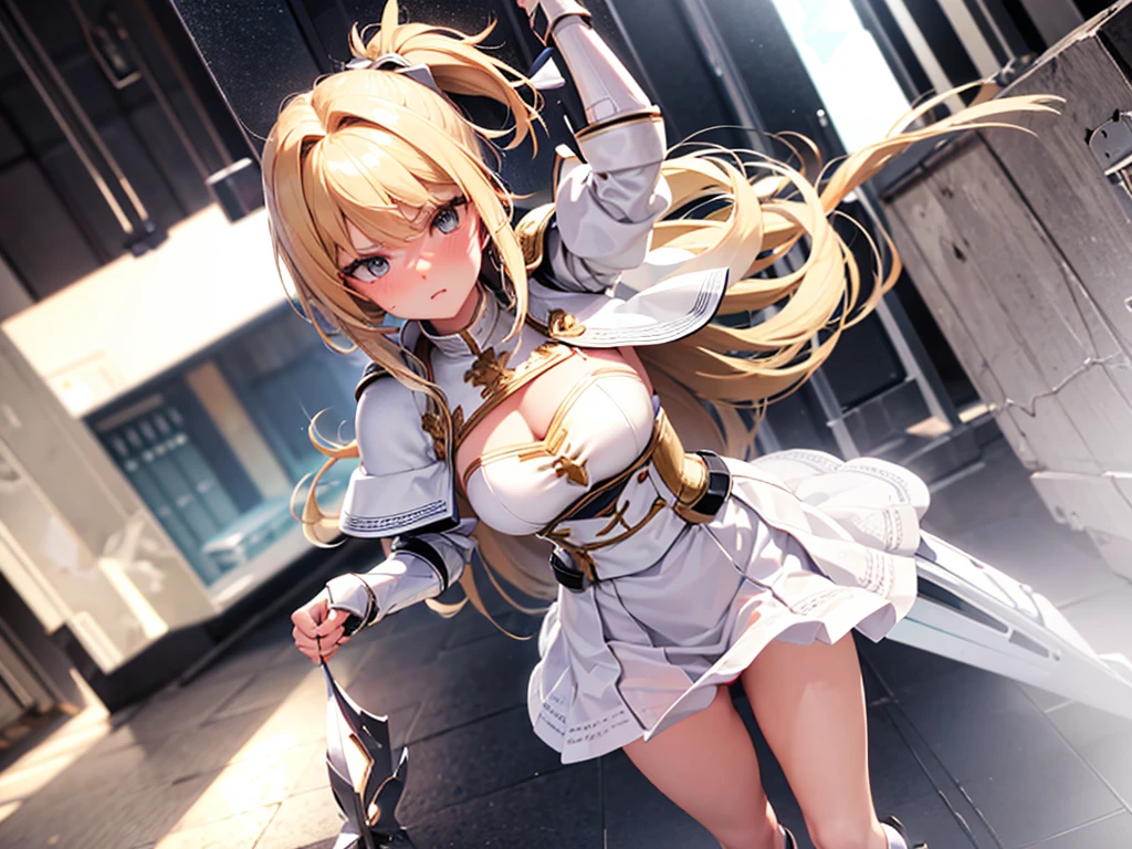 Highest quality, masterpiece, Ultra-high resolution, (Reality: 1.4), Original photo, 3d models & 3d anime, battlefield background, white skirt, blonde hair, female knight armor, white armor, White knight armor, long hair, bangs, white cloak, standing position, white underwear, white panties, skirt turned up, panty shots, blushing, glaring, medium length skirt, pounce pose, Blonde, ponytail, White knight armor, White Skirt, White Cape, White underwear, White panties, Skirt flipped up, Panty shot, blush, Glaring