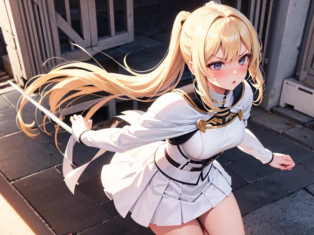 Highest quality, masterpiece, Ultra-high resolution, (Reality: 1.4), Original photo, 3d models & 3d anime, battlefield background, white skirt, blonde hair, female knight armor, white armor, White knight armor, long hair, bangs, white cloak, standing position, white underwear, white panties, skirt turned up, panty shots, blushing, glaring, medium length skirt, pounce pose, Blonde, ponytail, White knight armor, White Skirt, White Cape, White underwear, White panties, Skirt flipped up, Panty shot, blush, Glaring
