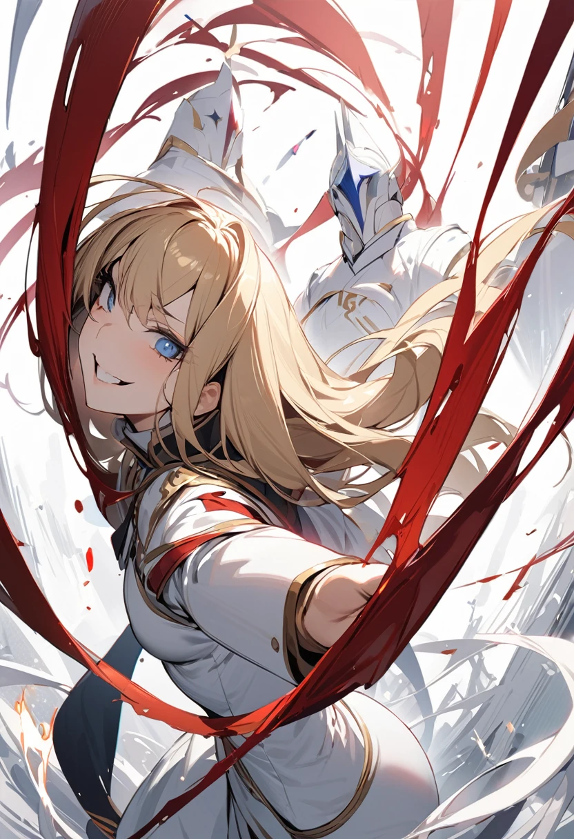 (Standing painting: 1.2) + (1girl:1.5)+ golden hair + princess cut + white knight uniform + detailed eyes and nose + deep blue eyes + white battle uniform + domineering, masterpiece, best quality,evil smile,holy,adult,upper body,dynamic angle,dynamic pose,