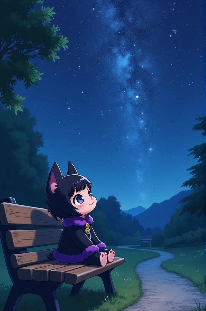 Starry night with Kuromi sitting on a bench watching the sky