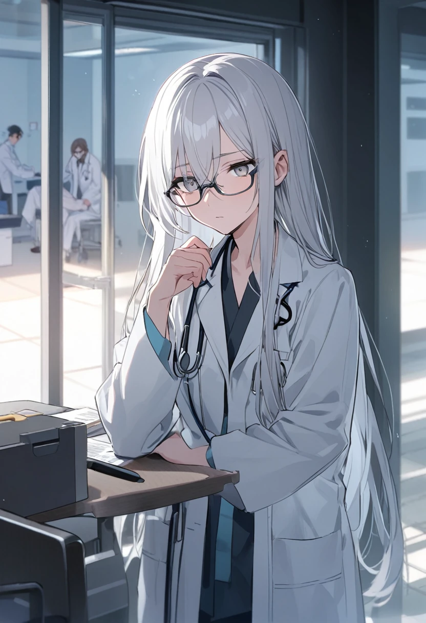 brother, alone, Glasses, Grey Eyes, White Hair, Long Hair, Doctor&#39;s uniform, Black gloves, Black gloves, whole body, 