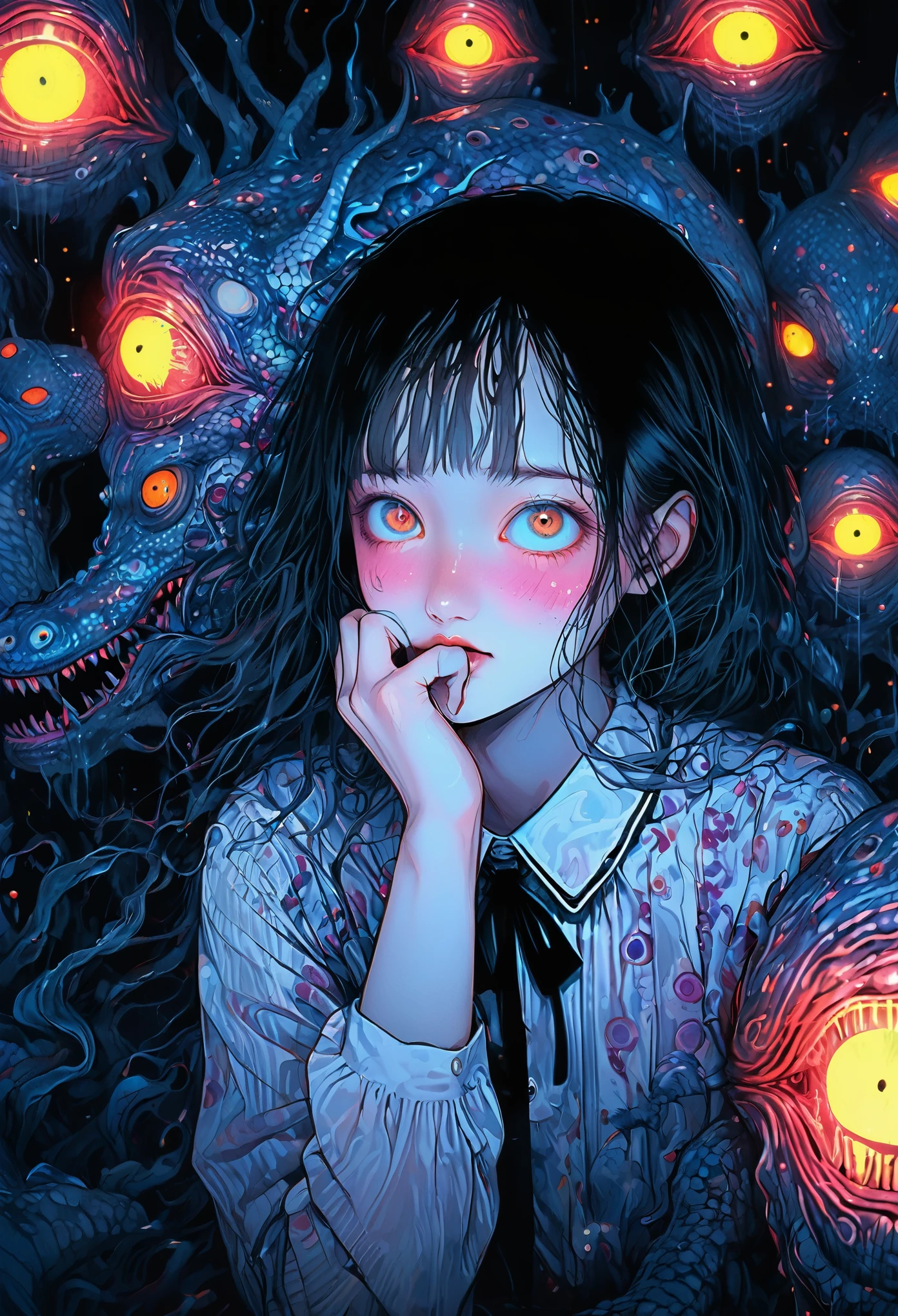 surreal horror, anime style, directed by Junji Ito, high contrast, vivid colors, eerie atmosphere, psychological tension, intricate line work, nightmarish creatures