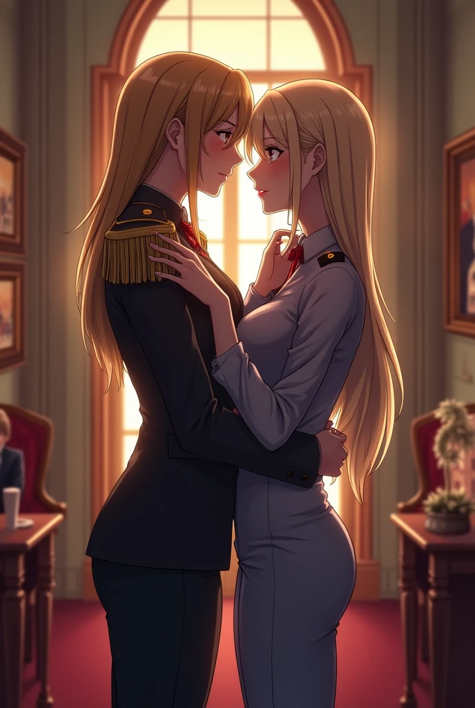 
We're standing facing each other in the hallway in the military office decorated with Victorian style decors. You have one hand on my cheek, gently caressing me with a warm and tender look in your eyes. Your other hand is now in my mouth, the thumb inside, as I playfully wrap my tongue around it, enjoying the contact. We're standing close to each other, our bodies almost touching, and the atmosphere around us is filled with a mix of comfort, affection, and underlying desire. 