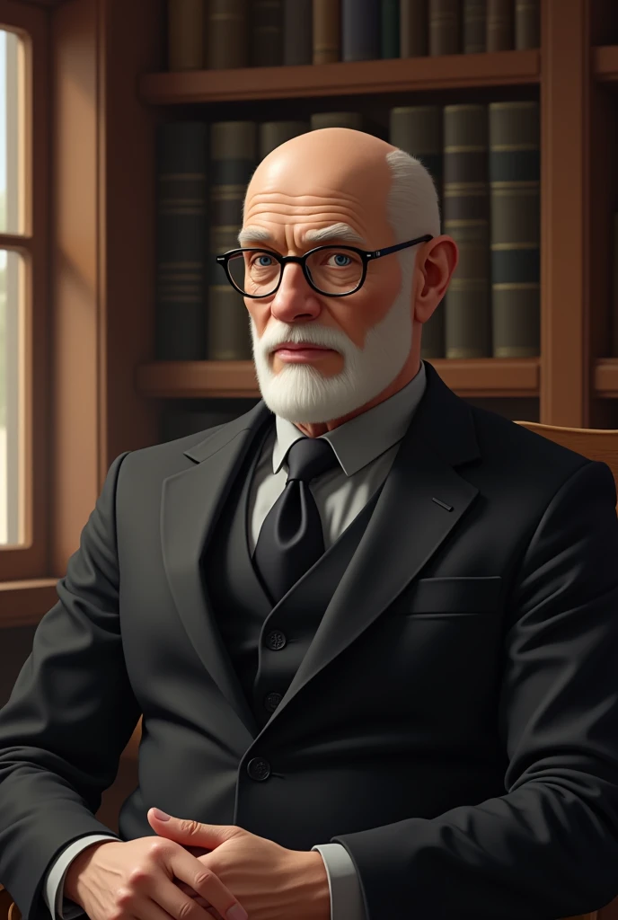 Caucasian man , offwhite , convex nose, white beard , bald shaved head , round glasses dark lenses thin lips t-shirt black suit gray shirt black tie , in library