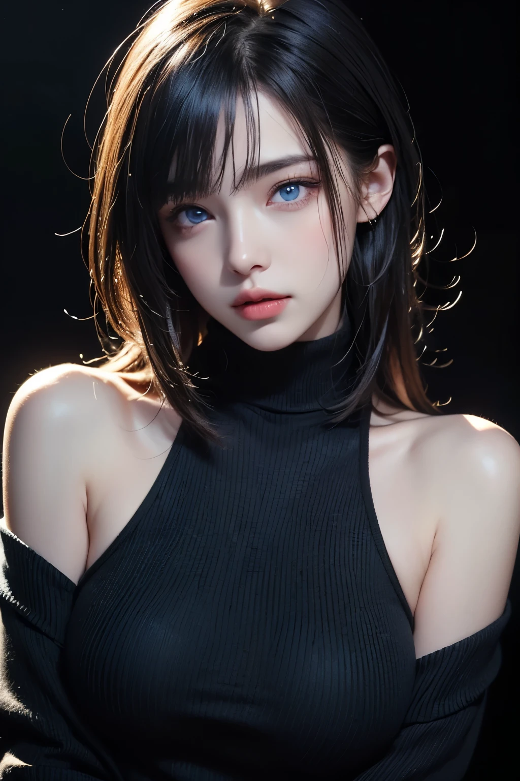 masterpiece, highest quality, Super detailed, Facing the camera, Super detailed, Realistic, Sharp features, Very detailed, Sharp focus, Perfect Face, Perfect Face, Perfect symmetrical perfect eyes, Perfect Plump Lips, Flexible female form, cinematic, Film Light, Super detailed, hyper Realistic, masterpiece, Atmospheric, High resolution, Vibrant, Dynamic Studio Lighting, ((Dark Background)), The expression when enduring pleasure, Straight bangs, Blue eyes,Black sweater, Cowboy Shot,turtleneck、first round、Sexually aroused expression、Accessories on the chest、Clothes with cuts,Shoulders exposed skin,
