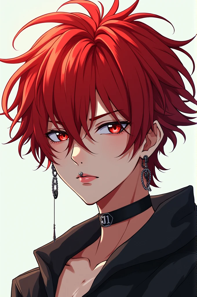 An anime boy with red hair, earrings in the ears and a lip piercing