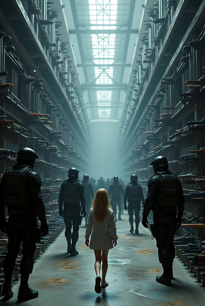 Create the image of a giant room of combat weapons and edged weapons, with security elements and in the middle walking a blonde girl with four young men behind her