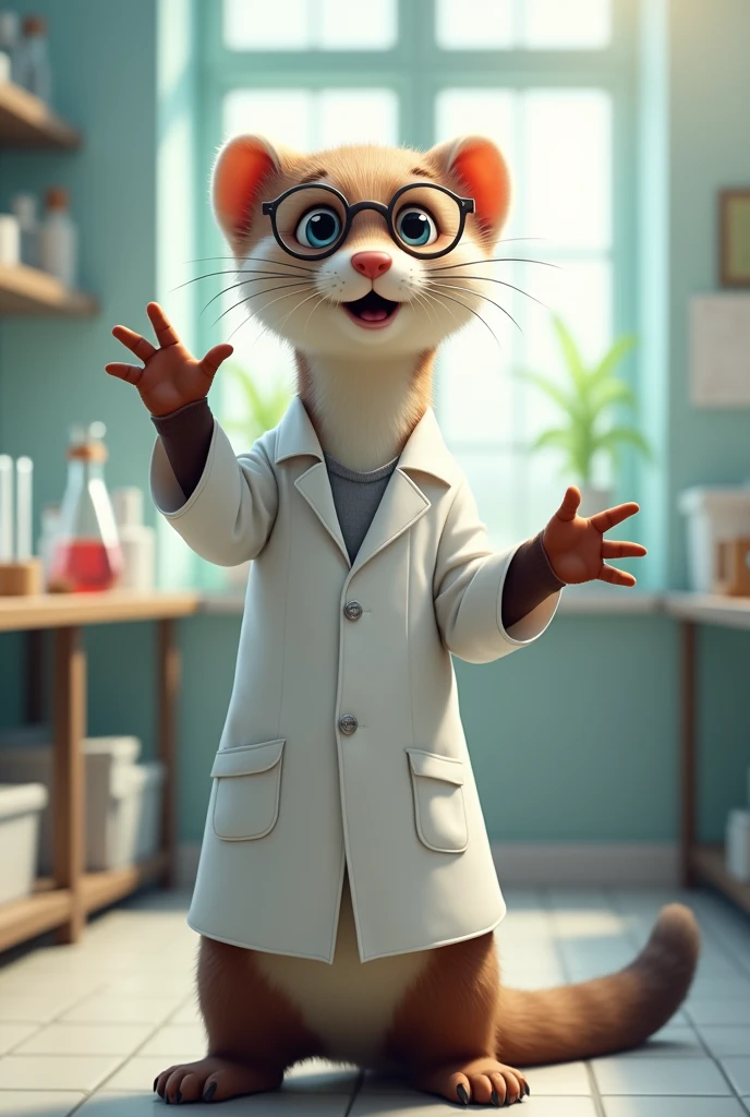 A ferret wearing a lab coat and glasses welcoming