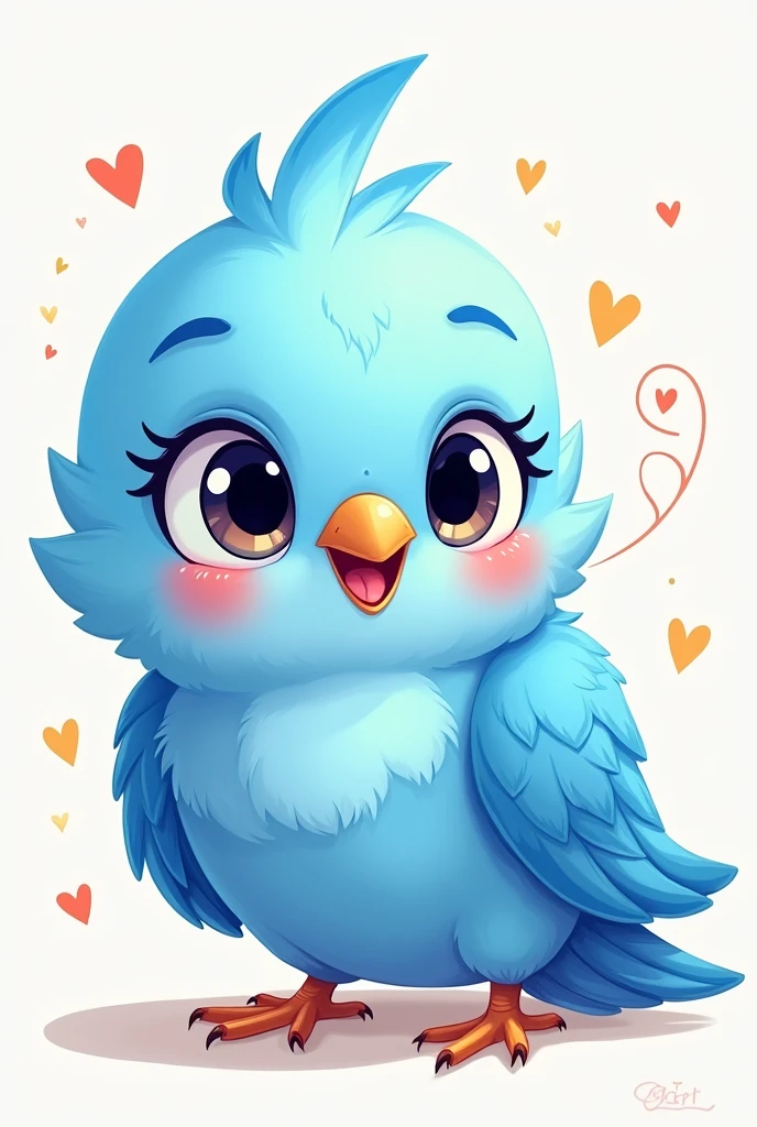 Create a picture of a cute baby parakeet in cartoon style, the parakeet must have feathers in shades of blue