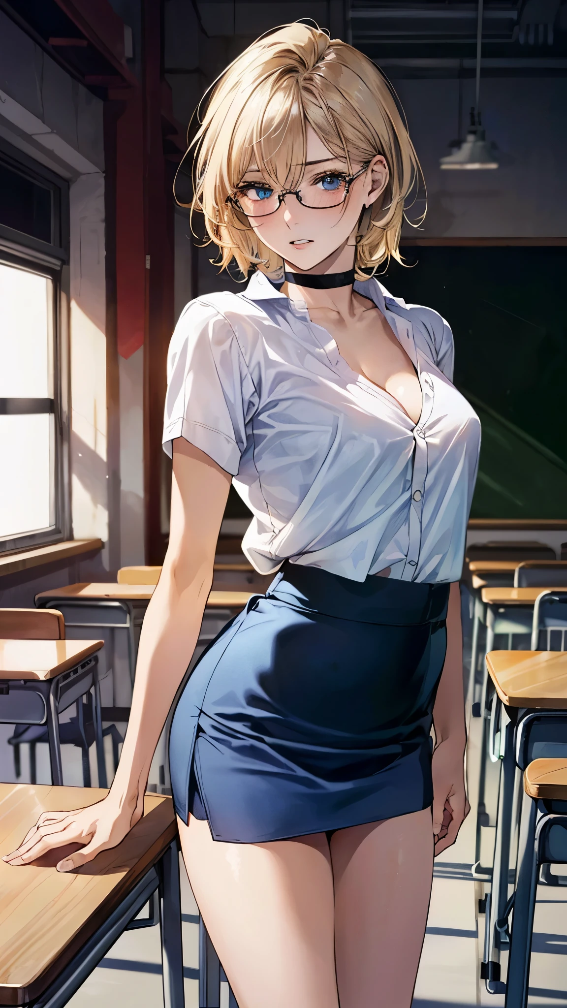 (masterpiece:1.3, top-quality, ultra high res, ultra detailed), (realistic, photorealistic:1.4), beautiful illustration, perfect lighting, natural lighting, colorful, depth of fields, surrealism,
beautiful detailed hair, beautiful detailed face, beautiful detailed eyes, beautiful clavicle, beautiful body, beautiful chest, beautiful thigh, beautiful legs, beautiful fingers, shiny skin,
looking at viewer, 1 girl, (teacher), (perfect anatomy, anatomically correct, super detailed skin), cute and symmetrical face, babyface, perfect face, perfect eyes, perfect fingers, five fingers,
(short hair, (lob hair), ash blonde hair), hair between eyes, dark blue eyes, long eyelashes, (large breasts, seductive thighs), slender, outstanding style, hanging breasts, cleavage, narrow waist,
midriff:1.1, glasses, ((ultra short skirt:1.5)), pencil skirt, choker, very small collared shirt, blue skirt, ((mini tight skirt: 1.5)), white high heels, garters, lace stockings, long and slender legs,
(beautiful scenery), summer, evening, (classroom:1.2), (standing, leaning forward, erotic, sexy pose), (sad, parted lips),