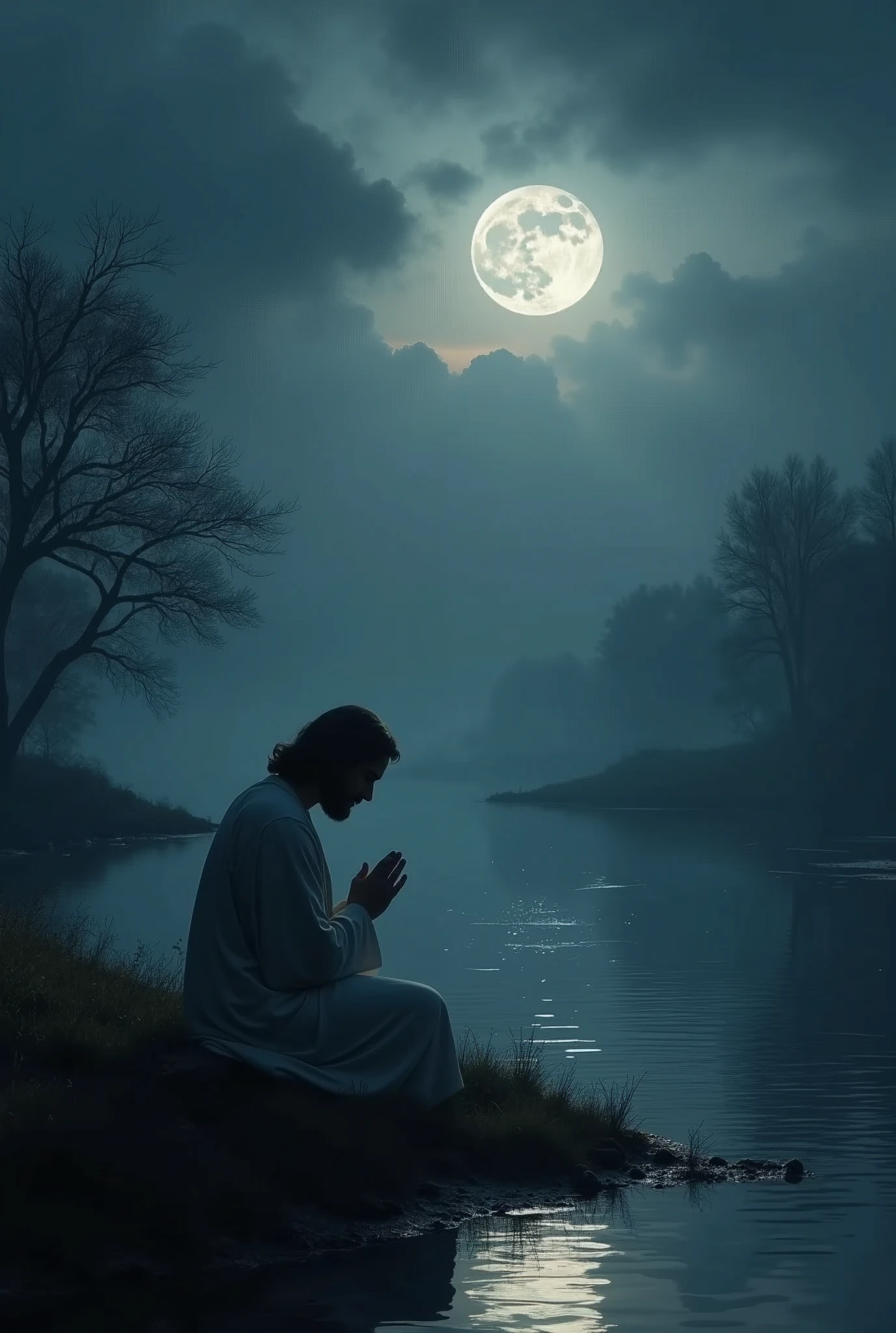 Let's imagine the scene with cinematic and evocative details:
Jesus is kneeling by a calm river, that reflects the soft light of the moon's slowly changing phases in the night sky. The moon alternates between crescent, full, waning and new, creating a play of light and shadow that dances on the calm waters and the banks covered in subtle vegetation.
The landscape is shrouded in dark, dense clouds, that occasionally obscure the moonlight, making the environment even more mysterious and contemplative. Jesus is dressed in a simple robe, and his countenance is one of profound serenity and devotion. He is in a prayer posture, with hands clasped and head bowed, as if in deep connection with the divine.
Ao fundo, the trees and bushes on the riverbanks are just shadows subtly outlined by the moonlight, and the surrounding environment is calm and silent, except for the soft sound of flowing water. The atmosphere is a mixture of peace and mystery, reflecting the spiritual journey and deep introspection that Jesus is experiencing.
The effects of light and shadow, combined with the changes in the moon phase, help create an environment of transcendence and reflection, highlighting the importance of the moment of prayer and meditation.