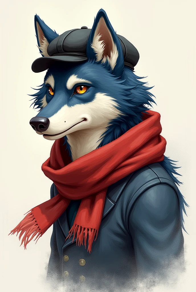 Create a wolf character, tender, drawing style, with a painter&#39;s beret and a red scarf, The wolf is dark blue with white, make it look masculine, that is looking forward.