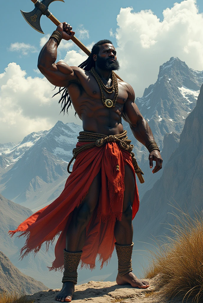 Orisha Black Man, rey, guerreyro,  red or brown clothes, on a mountain, lifting a double-sided axe in his hand 