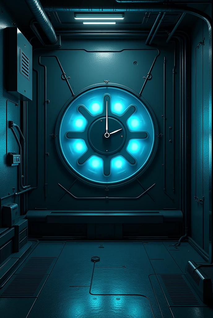 Create an art of a place, dark with a clock on the middle of the wall and around the clock several different shaped circles in the middle of them blue, the room looks like siber punck, and it looks like this is in a futuristic world
