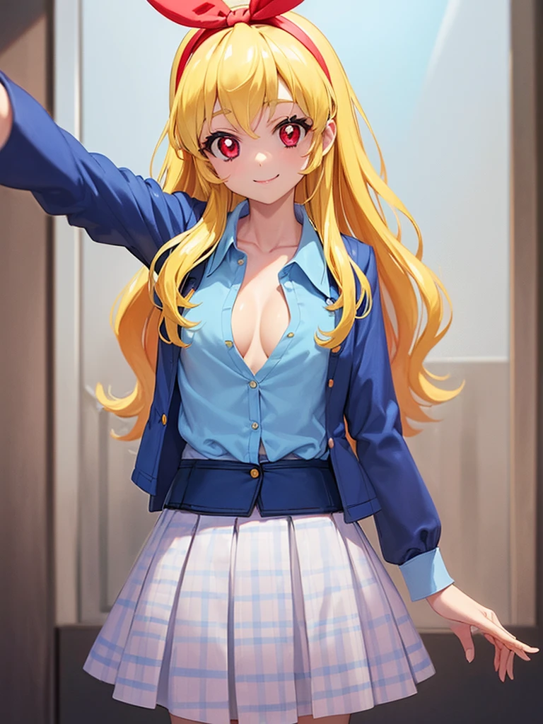 (ero:0.72),aikatsu,(RED Ribbon on HAIRband:1.2),(masterpiece, best quality), cowboy shot, BREAK , ,Medium_breasts, (blonde hair), red eyes, (Beauty skin:1.3), heart neckless, BREAK school uniform, (shirt tucked in, white collared shirt:1.3), black mini skirt, BREAK (unbuttoned Blue Jacket:1.5), sleeves past wrist, collarbone, BREAK black_bra:1.8,handpull,pulled by self,clothes pull,shirt pull:1.8,cleavage:1.8,selfie,smile,blush,cowboy shot,showing_bra:1.8, (unbuttoned shirt:1.9),Ichigo Hoshimiya (Aikatsu!)