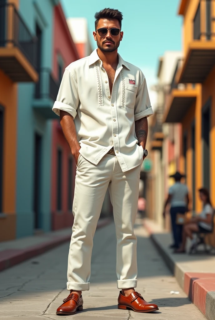 A porteño cholo dressed in white with shiny guayabera shoes in a characteristic place in Guayaquil