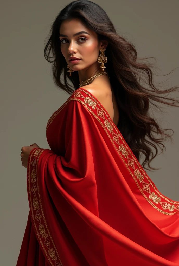 Very beautiful Indian woman in open wavy hairs in red saree