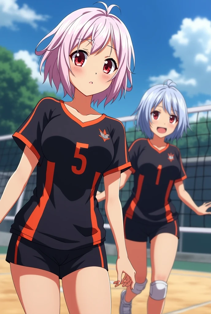 Haikyu anime screenshot!!, white haired girl with pink tips short, slim build with slightly large breasts, Red eyes, long curly hair, large eyes, long and beautiful eyelashes, delicate features and that she is very beautiful, Black volleyball uniform with orange details, which is the Karasuno uniform, with the number 5 next to his twin brother, a man with white hair with blue tips, Red eyes, his karasuno uniform on the volleyball court