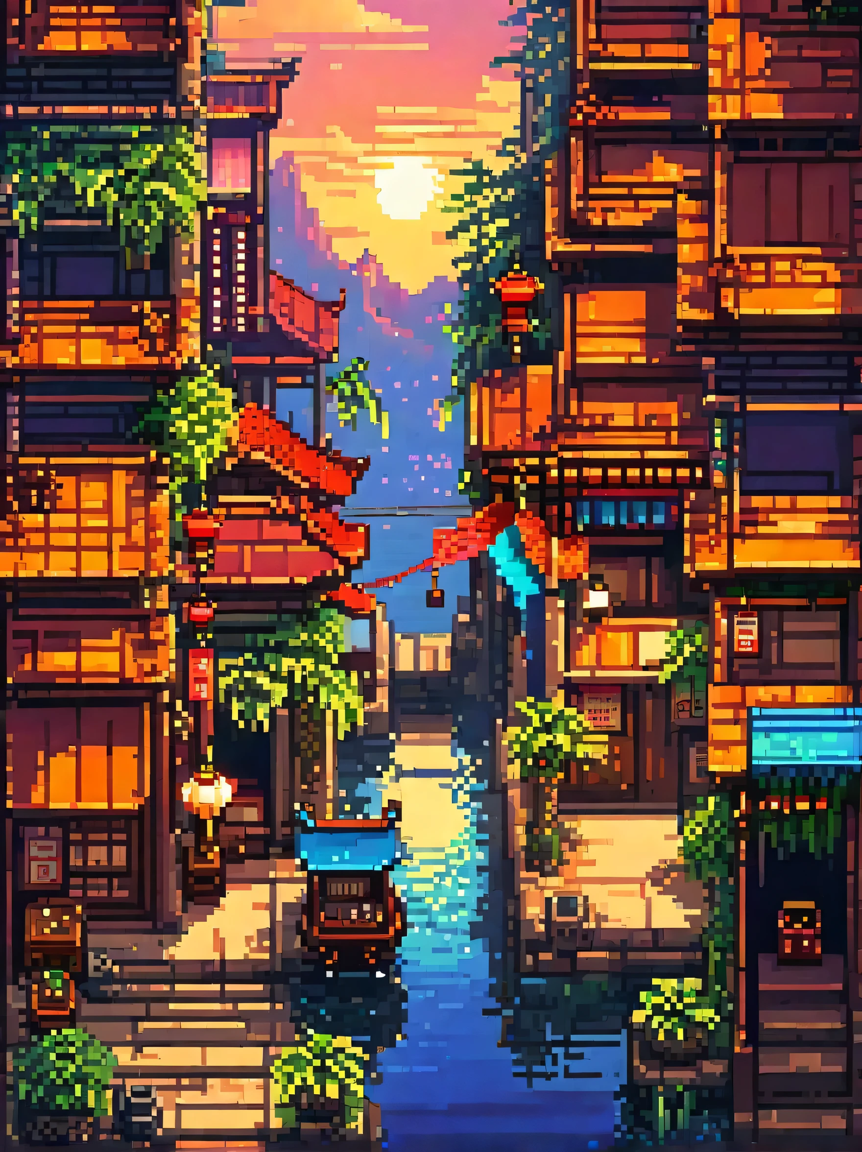 retro vintage game, classic 8-bit pixelated Japanese video game, sunset, Thu, detailed pixel art, detailed environmental elements, highly detailed pixel city design, beautiful vivid colors, Immersive atmosphere, small details, nostalgia, (best qualityer, swirly vibrant colors, 8k, high resolution, work of art:1.2),ultra detali,(realisitic,photorealisitic,photo-realisitic:1.4),studio lighting,extremely detailed pixel art,extremly detailed face and eyes,extremely detailed pixel textures,incredibly intricate pixel-level detail,striking colors,swirly vibrant colors,lush pixel environment