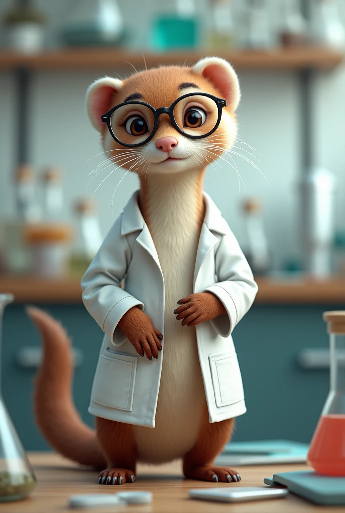 A ferret wearing a lab coat and glasses welcoming 