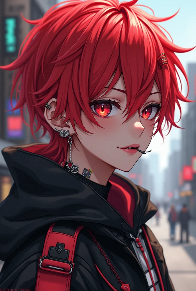 An anime boy with red hair, earrings in the ears and a lip piercing