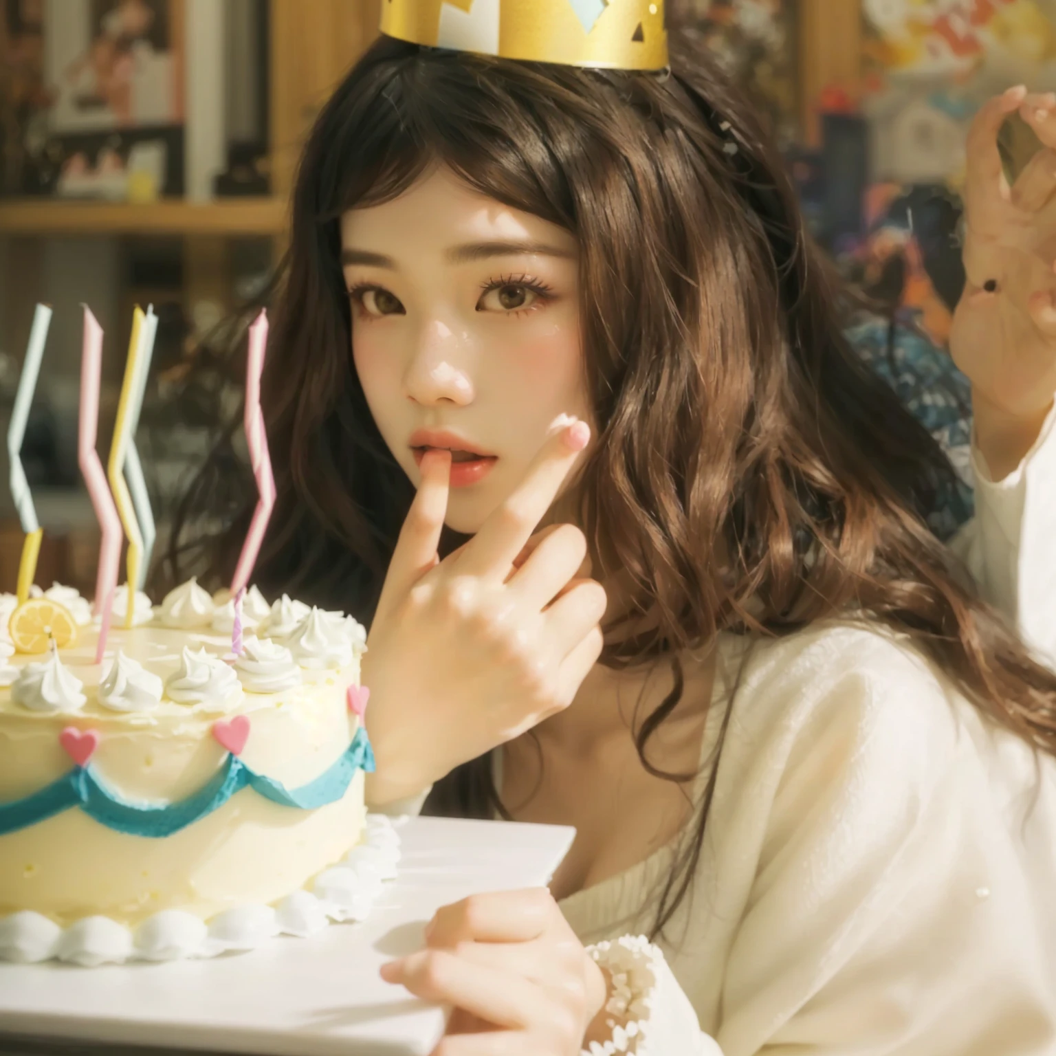 woman with a birthday hat on holding a cake with candles, holding a birthday cake, eating cakes, birthday cake, happy birthday, lofi girl aesthetic, 🐿🍸🍋, bae suzy, wearing a paper crown, ulzzang, illustration!, , 18 years old, by Miwa Komatsu, by Yanagawa Nobusada