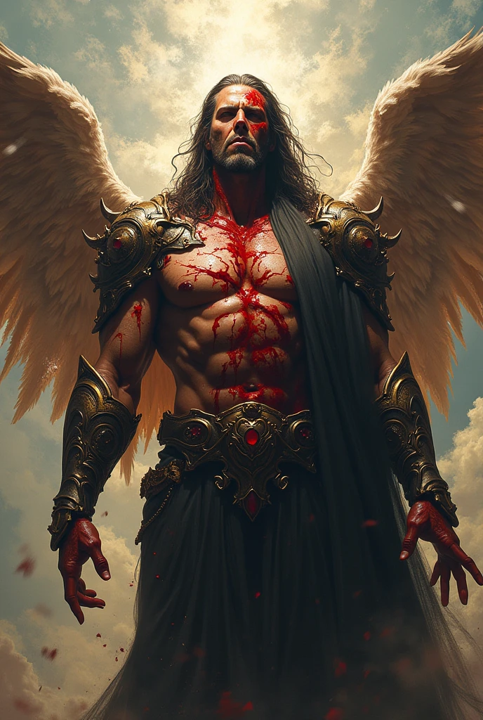 generates a bleeding wounded imposing god with painting style 
