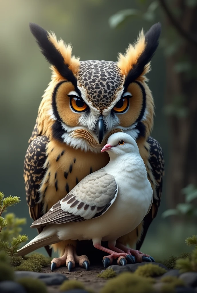 eurasian horned owl and dove cuddling