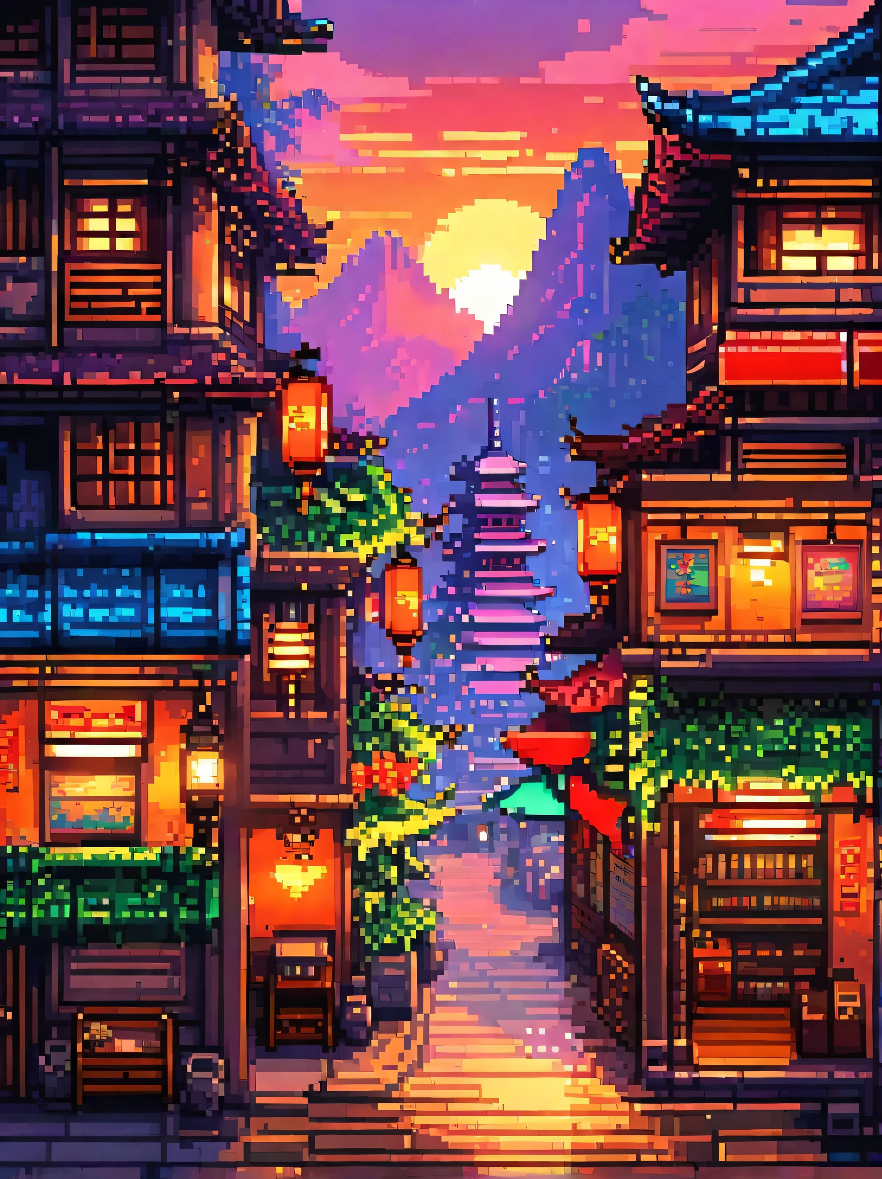 retro vintage game, classic 8-bit pixelated Japanese video game, sunset, Thu, detailed pixel art, detailed environmental elements, highly detailed pixel city design, beautiful vivid colors, Immersive atmosphere, small details, nostalgia, (best qualityer, swirly vibrant colors, 8k, high resolution, work of art:1.2),ultra detali,(realisitic,photorealisitic,photo-realisitic:1.4),studio lighting,extremely detailed pixel art,extremly detailed face and eyes,extremely detailed pixel textures,incredibly intricate pixel-level detail,striking colors,swirly vibrant colors,lush pixel environment