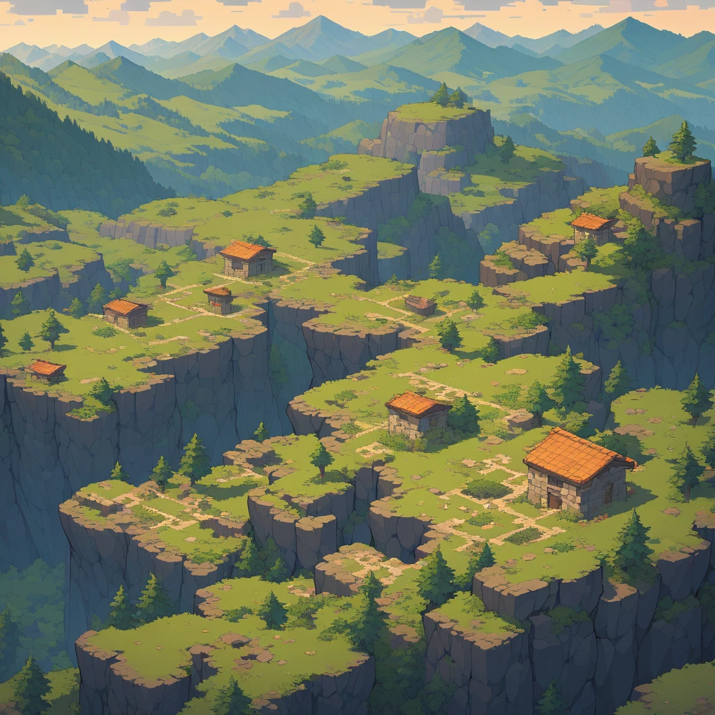 Retro video game style, pixelated, vibrant colors, 8-bit characters, blocky shapes, sharp lines, detailed shading, classic gaming vibe, nostalgic atmosphere, classic arcade games. Masterpiece:1.2, ultra-detailed, illustration style. 2D texture, stone texture, 4K seamless mud texture, video game texture, dirt texture. Game tiles, grass, 3/4th perspective trees, 3/4th perspective tileable rock texture, 3/4th perspective tileable cliff formations, tileable trees, top-down view, tileable texture. Very detailed cliff texture, intricate stones.
Mountain Terrain: Diverse mountain shapes and elevations, including peaks, ridges, and valleys.
Texture Detail: High resolution with intricate details like rocky surfaces, crags, and natural erosion patterns.
Seamless Pattern: Ensure that the edges of the tile seamlessly align with adjacent tiles to create a continuous and coherent mountain range when repeated