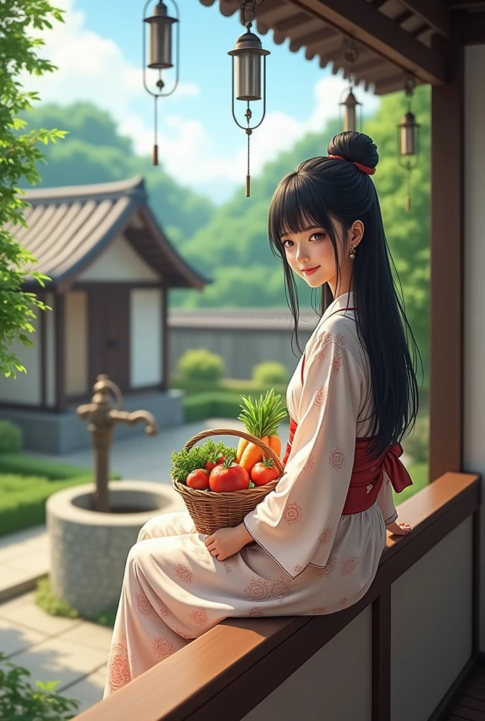 ((最high quality, 8k, masterpiece: 1.3, Ultra HD, high quality, 最high quality, High resolution, realism)) 、A stunningly beautiful 22-year-old Japanese woman、Hair color is black、black eye、Medium Hair、Straight hair、smile、sitting on the balcony of a rural Japanese house、summer、Wind chimes are hanging from the eaves.、barefoot、Rattan hand basket（Carrots and tomatoes、Add cucumber)、There is a courtyard in front of the balcony..、There is a well with a hand pump in the courtyard...、Wear a yukata、Upstyle your hair