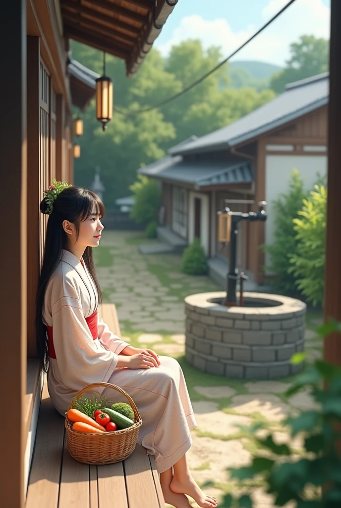 ((最high quality, 8k, masterpiece: 1.3, Ultra HD, high quality, 最high quality, High resolution, realism)) 、A stunningly beautiful 22-year-old Japanese woman、Hair color is black、black eye、Medium Hair、Straight hair、smile、sitting on the balcony of a rural Japanese house、summer、Wind chimes are hanging from the eaves.、barefoot、Rattan hand basket（Carrots and tomatoes、Add cucumber)、There is a courtyard in front of the balcony..、There is a well with a hand pump in the courtyard...、Wear a yukata、Upstyle your hair
