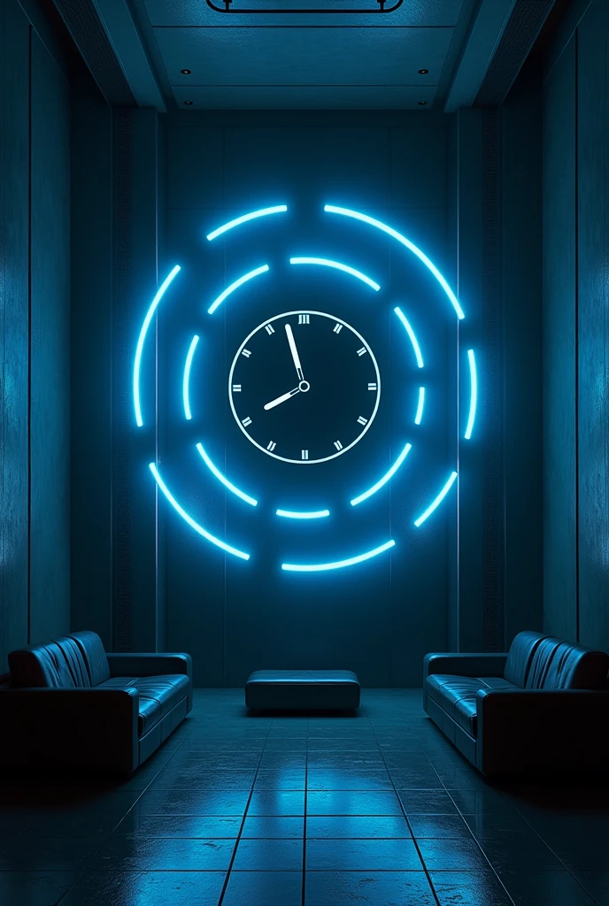 Create an art of a place, dark with a clock on the middle of the wall and around the clock several different shaped circles in the middle of them blue, the room looks like siber punck, and it looks like this is in a futuristic world