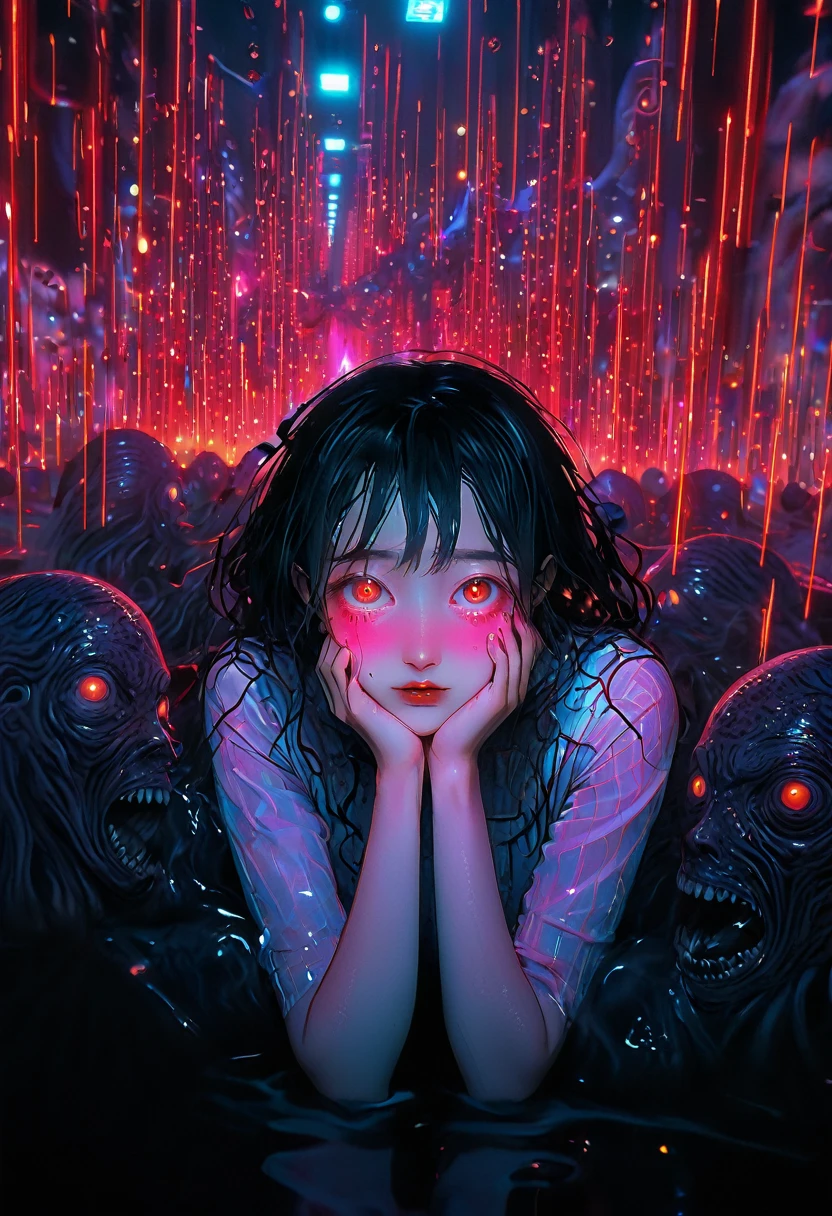 surreal horror, anime style, directed by Junji Ito, high contrast, vivid colors, eerie atmosphere, psychological tension, intricate line work, nightmarish creatures