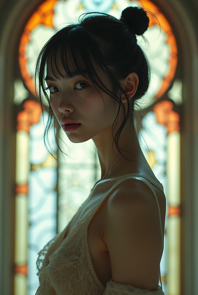 editorial photography,super detailed background,Super realistic,double exposure,depth of field,beauty super slender skinny vibes,soft focus tone,narrative scene,wabi-sabi,open lips,hi-top hairstyle,geometric Art Nouveau,alphonseMucha style,At the cathedral stained glass,hip shot,japanese fashion model,white skin,