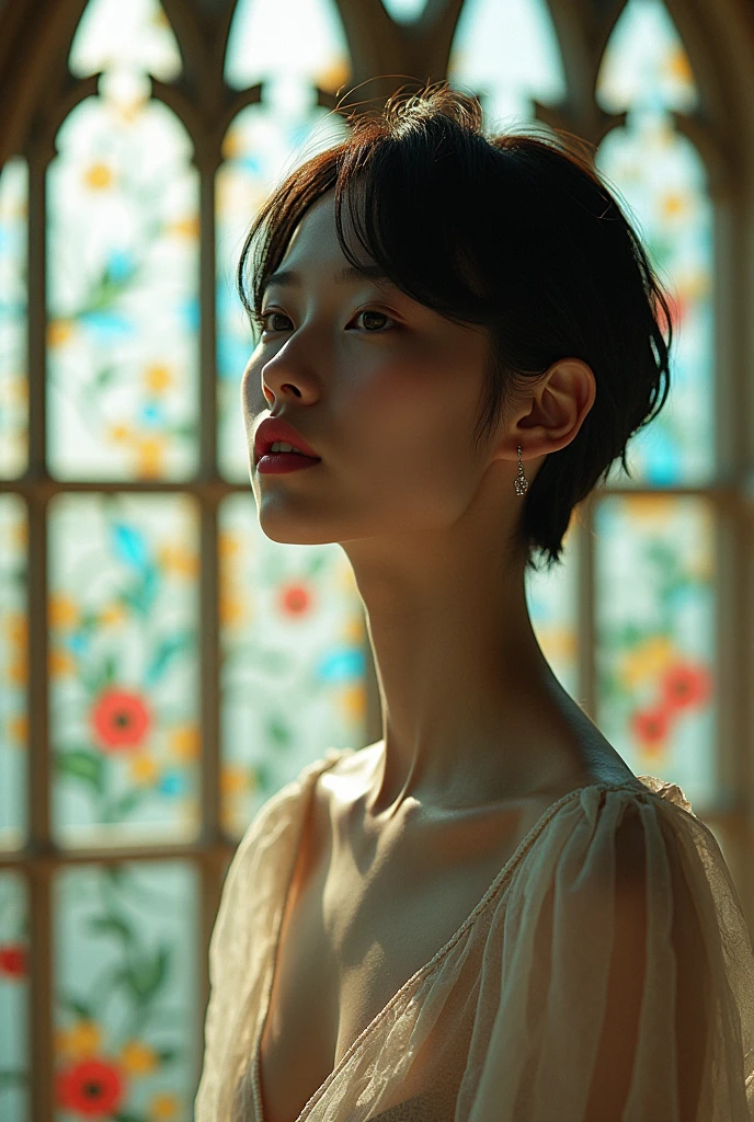 editorial photography,super detailed background,Super realistic,double exposure,depth of field,beauty super slender skinny vibes,soft focus tone,narrative scene,wabi-sabi,open lips,hi-top hairstyle,geometric Art Nouveau,alphonseMucha style,At the cathedral stained glass,hip shot,japanese fashion model,white skin,