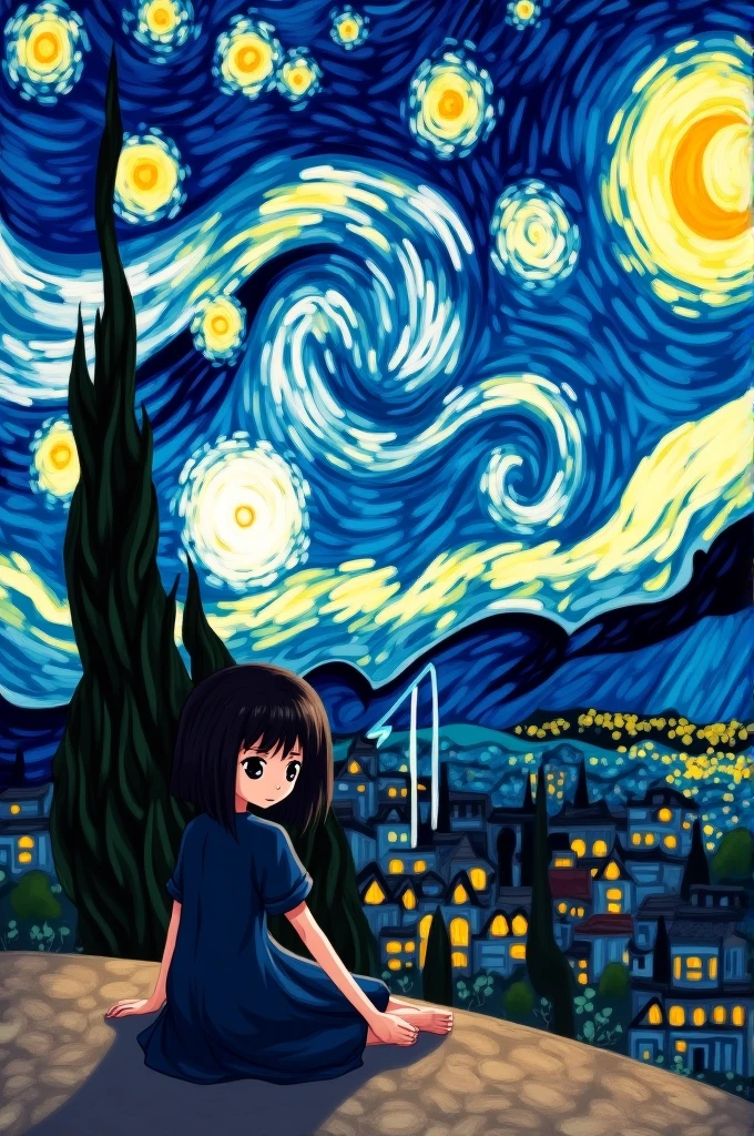 Van Gogh&#39;s Starry Night with Kuromi sitting looking at the sky 