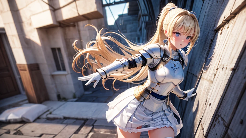 Highest quality, masterpiece, Ultra-high resolution, (Reality: 1.4), Original photo, 3d models & 3d anime, battlefield background, white skirt, blonde hair, female knight armor, white armor, White knight armor, long hair, bangs, white cloak, standing position, white underwear, white panties, skirt turned up, panty shots, blushing, glaring, medium length skirt, pounce pose, Blonde, ponytail, White knight armor, White Skirt, White Cape, White underwear, White panties, Skirt flipped up, Panty shot, blush, Glaring
