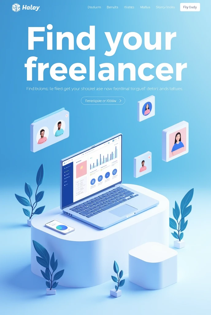 A top part of a website, blue and white, with the text: Find your freelancer, from complete profiles and portfolios