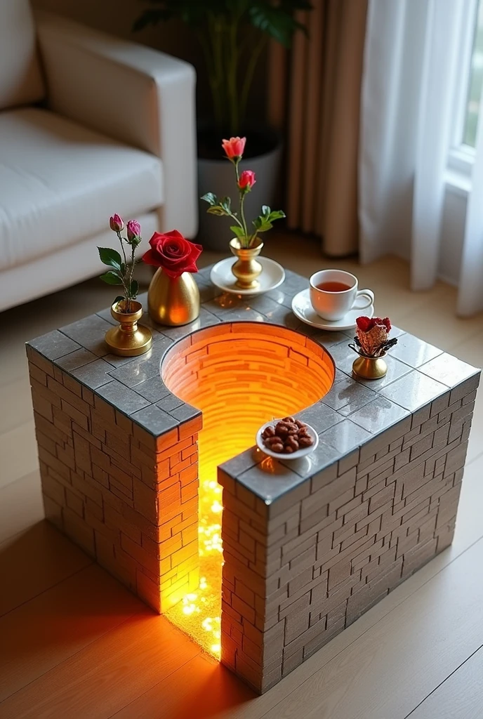 Small square coffee table handcrafted, featuring a two-way mirrored glass top that reflects a stunning visual effect inside that resembles a tunnel, a deep, endless well, and a never-ending staircase lit from the inside with warm orange LED lighting. The sides are covered with brick wallpaper that simulates the look of 3D textured wallpaper.. The table is decorated with simple decorations such as golden pedestals, small flowers, a cake and nuts, and contains a red rose and a tea cup. . The table is placed on a light-colored wooden floor.. The table design combines simplicity and elegance with a touch of modernity, making it a distinctive piece of art in any room or living room.