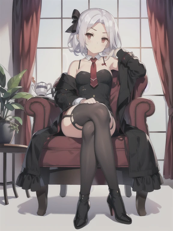 Vittorio_Veneto \(warship girls r\),((masterpiece)),(((best quality))),((ultra-detailed)),((illustration)),((disheveled hair)),((frills)),(1 girl),(solo),1girl,animal,armchair,ass,bangs,bare shoulders,black bow,black dress,black footwear,black legwear,black necktie,boots,bow,breasts,cat,chair,closed mouth,collarbone,crossed legs,cup,curtains,dress,eyebrows visible through hair,full body,hair bow,hair ornament,hair ribbon,head tilt,high heels,holding,holding cup,indoors,jacket,jacket on shoulders,short hair,long sleeves,looking at viewer,low ponytail,mole,necktie,off shoulder,office chair,on chair,plant,potted plant,red eyes,ribbon,sidelocks,silver hair,sitting,skindentation,solo,table,teacup,thigh strap,thighhighs,thighs,vase,window,younger,