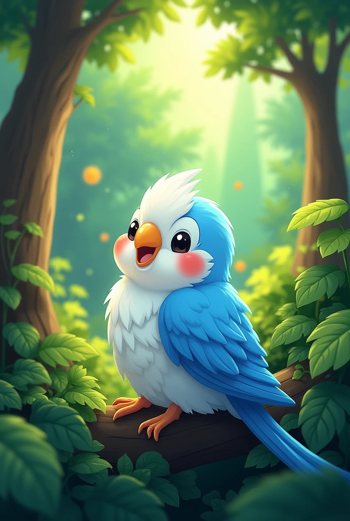 Create a very colorful image, with forest landscape, of a cute cartoon-style baby parakeet, the parakeet must have feathers in shades of blue, white and black