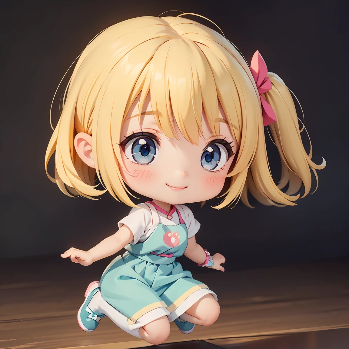 Super Chibi Character:1.8、Blonde Hair、Cute 7 year old girl、Random cute outfits、Wearing cute shoes、Super Chibi Character:1.8、smile、Super Smile、Jumping、Jumping