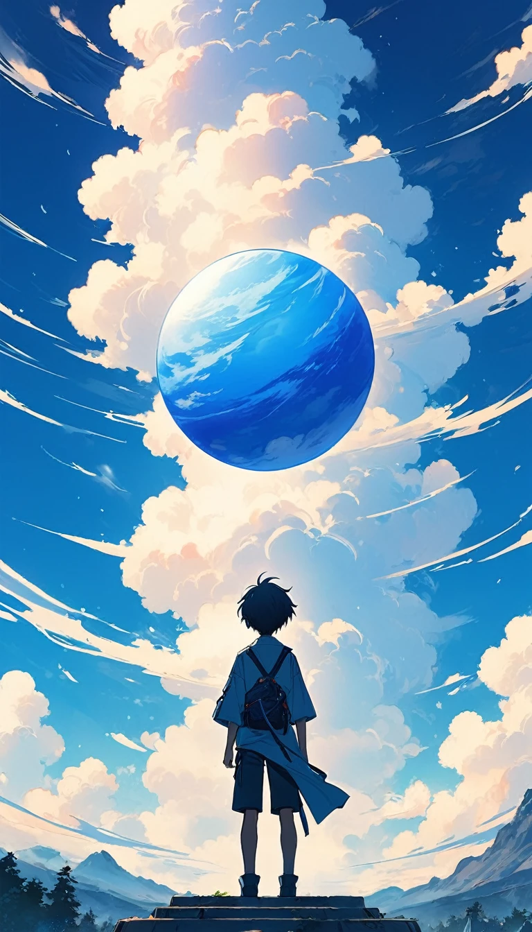 anime boy standing in front of a giant blue ball with clouds, anime wallaper, anime wallpaper 4k, anime wallpaper 4 k, 4k anime wallpaper, 4 k manga wallpaper, anime epic artwork, trending anime artwork, anime art wallpaper 8 k, trending anime art, hd anime wallaper, anime wallpaper, anime art wallpaper 4 k, anime art wallpaper 4k