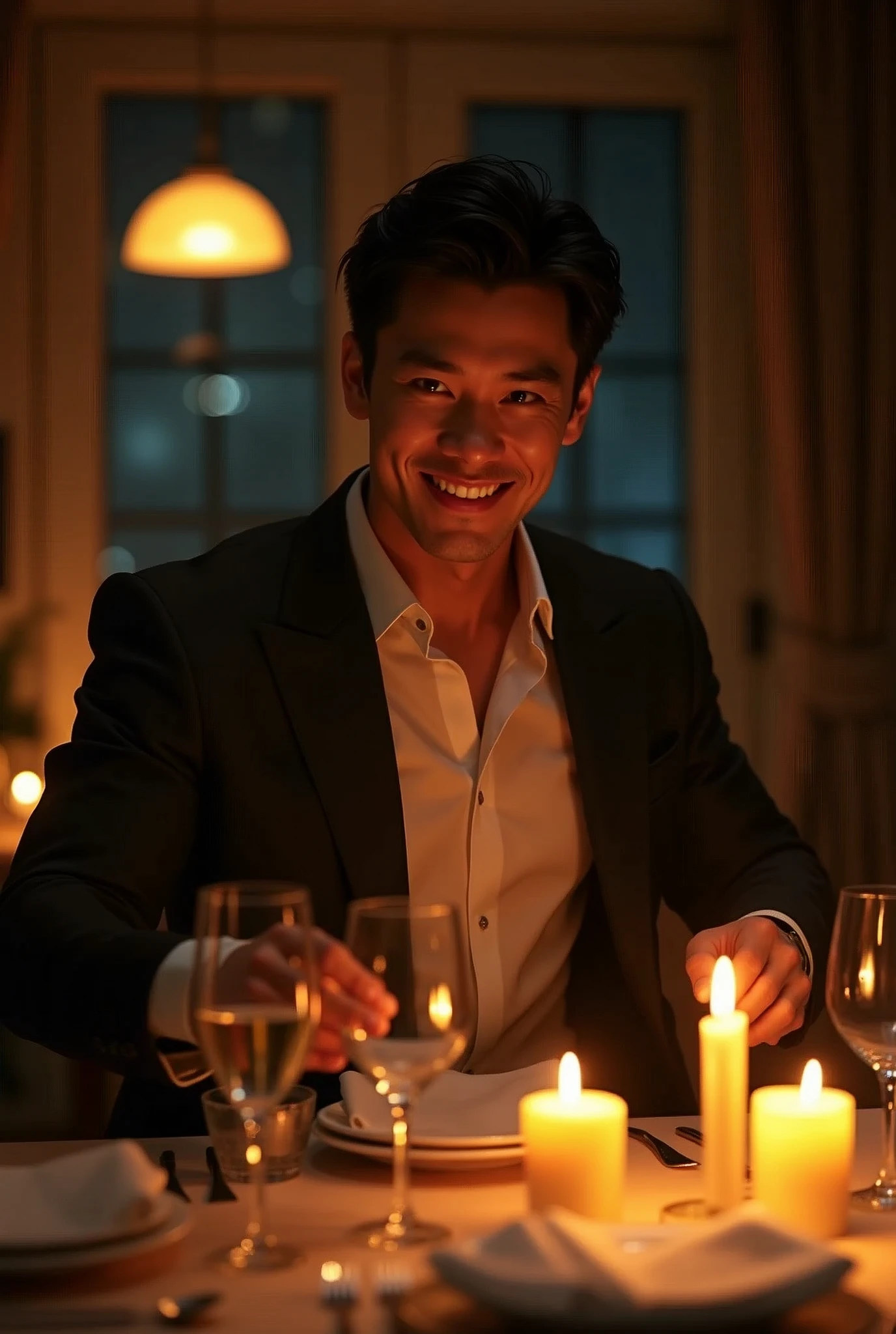 photorealistic, best quality, masterpiece, extremely detailed, masculine, sexy, homoerotic, extremely handsome, 30 year old japanese man, muscular build, big smile, stylish smart attire, setting the table, candlelit dinner for two, in dining room, at midnight, cinematic shadows, extremely romantic atmosphere, perfect face, perfect fingers, perfect hands, perfection