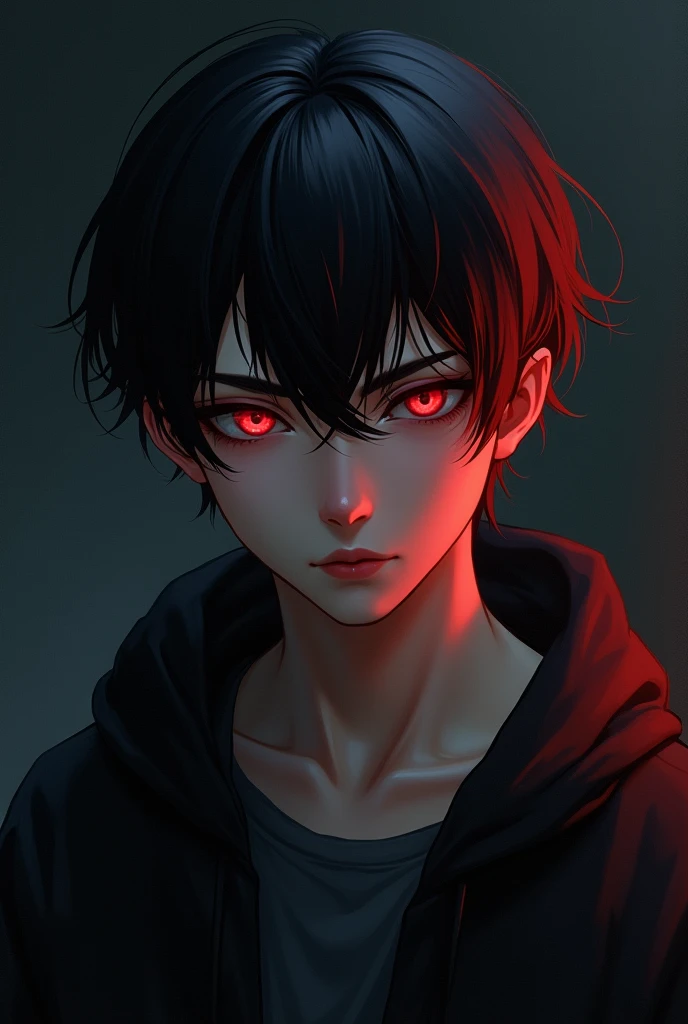 1boy, Black Red Mix Hair, red eyes, dark background, Dim lighting, Glance, masterpiece