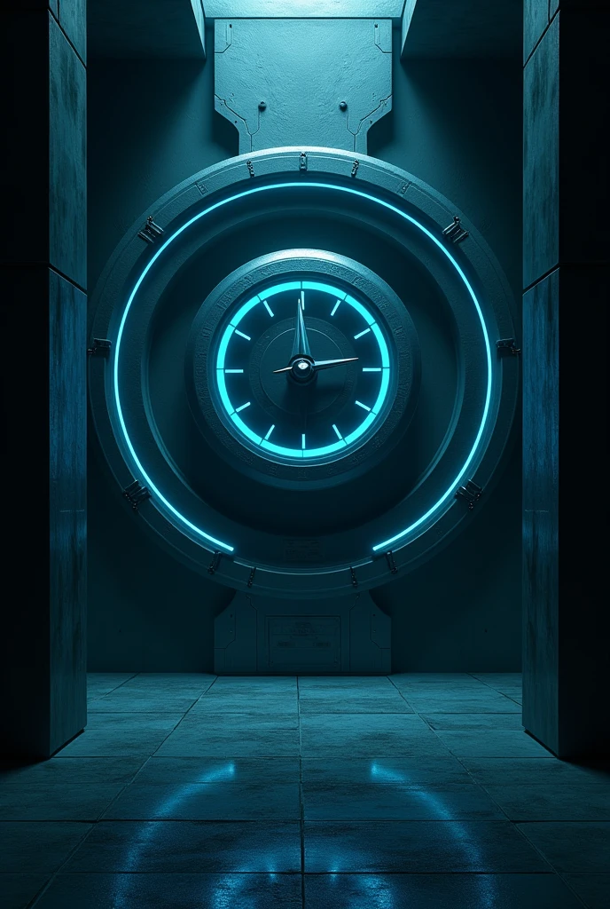 Create an art of a place, dark with a clock on the middle of the wall and around the clock several different shaped circles in the middle of them blue, the room seems, and it looks like this is in a futuristic world