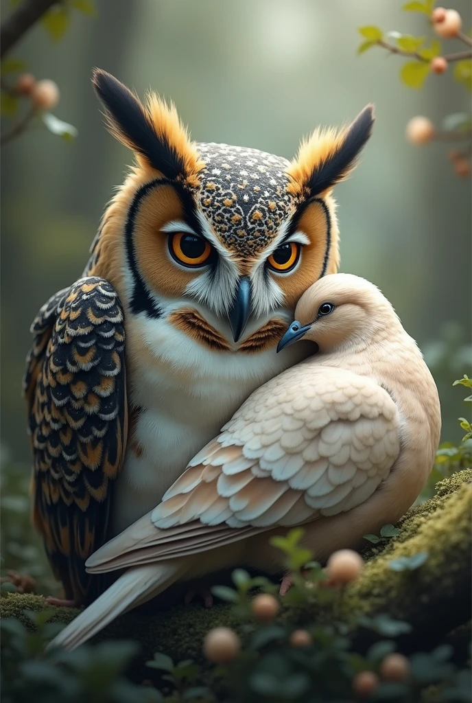 eurasian horned owl and dove cuddling