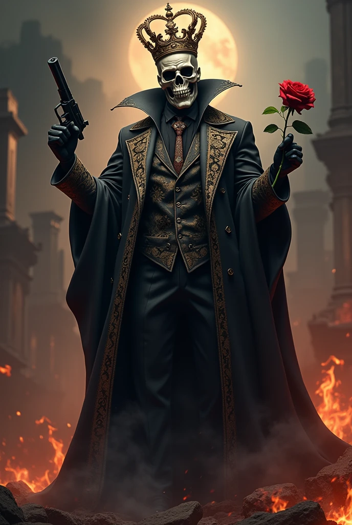 Skull with gun and rose cholo thug drug dealer elegant gentleman evil psychopath power ambition lost soul madness conquest dominion king maniac violent man diabolical darkness hell chaos destruction perdition demon almighty invincible unique furious rebel legendary crown cruel ruthless without feelings soldier war weapons death